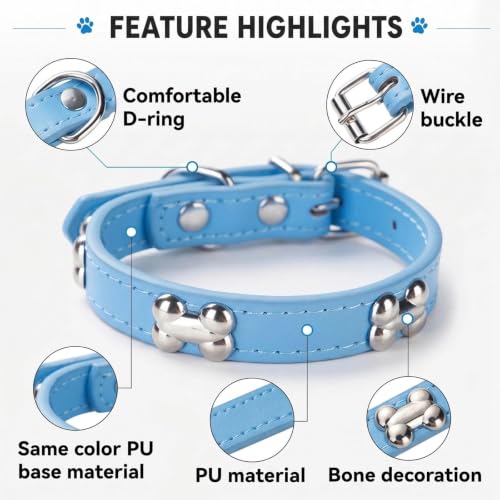 Adjustable PU Leather Dog Collar with Color Matched Bell, Blue M - color: blue, size: 10-13.5 Inch