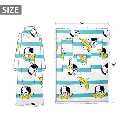 Catalonia Sherpa Wearable Blanket with Sleeves and Pocket for Adults - color: Banana Dog White, size: Standard Pocket