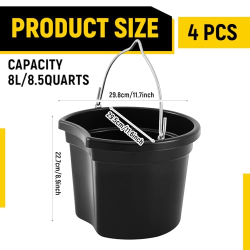 Marsui 4 Pcs Horse Feeder Bucket with Hook, 8.5 Quart Plastic, Black