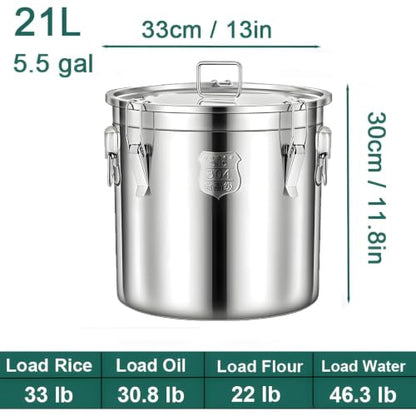 5.5Gal 304 Stainless Steel Airtight Container with Lid and Locking Clamp, 17-38Lbs Metal Bucket Drum Large Dog Food Storage Container for Milk, Oil, Coffee Storage Container (21L) - size: Standard 21L/5.5gal