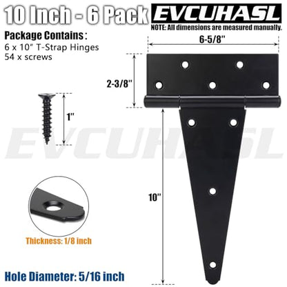 10 Inch T-Strap Gate Hinges, Shed Barn Door Hinges Heavy Duty, Black Tee Hinges for Wooden Fences, Yard Gate, Wrought Hardware Iron Rustproof (6 Pack/Set) - size: 10 Inch