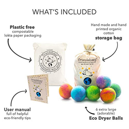 Friendsheep Wool Dryer Balls, Organic Reusable Fabric Softener Alternative for Laundry, Handmade, Fair Trade, Hypoallergenic, Eco-Friendly, Plastic-Free (6 Pack XL - Galxy Tie Dye) | Reusable fabric softener alternative Organic wool, handmade, fair trade,