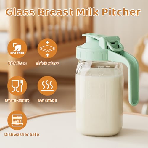 32 oz Breast Milk Pitcher, Glass Mason Jar Pitcher with Lid - color: Green, size: 32 Ounces