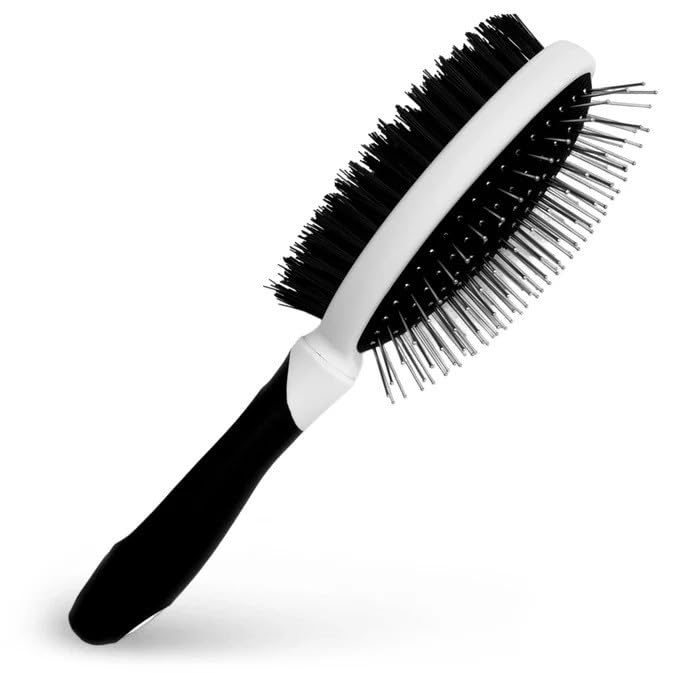 Fuller Brush 2-in-1 Double-Sided Pet Brush - Electroplated Round-Ended Steel Pins Positioned Into a Flexible Cushion on One Side & Nylon Bristles - Remove Shedding - Tool For Grooming Dogs & Cats - size: 2-in-1 Double-Sided