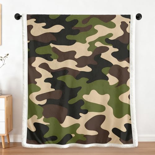 Sleepwish Green Camouflage Sherpa Blanket Throw 50x60 in - color: Army Green Camo, size: Throw
