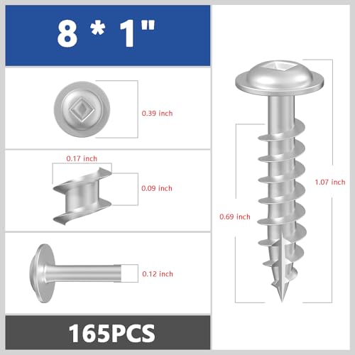Wensilon (Silver) Pocket Hole Screws # 8 * 1" 170pcs 1lbs Square Hole Wood Screws and Round Head Square Hole self Tapping Screws are Suitable for Wooden use.150MM,60MM Drive bit Included. - color: Silver, size: 8*1"