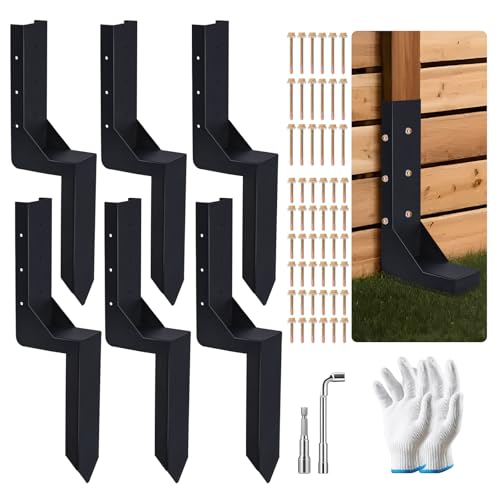 6-Pack 3.74" Width Fence Post Repair Kit, 24in Total Length Heavy Duty Ground Spike Anchor for Wooden Post Repairing Tilted/Broken Posts Metal Brackets - size: 4'' 6 Pack