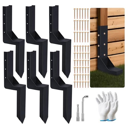 6-Pack 3.74" Width Fence Post Repair Kit, 24in Total Length Heavy Duty Ground Spike Anchor for Wooden Post Repairing Tilted/Broken Posts Metal Brackets - size: 4'' 6 Pack