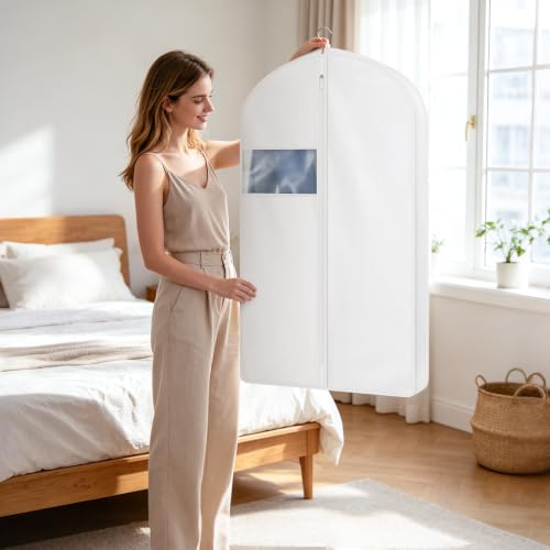 43 Inch Cotton Garment Bag for Hanging Clothes, 3 Pack Suit Bag | Breathable Cotton Fabric, Strong Full Zipper, Organza Window, Dust Cover, For Closet Storage, Suits, Jacket, White - size: 3"W x 43"H-2pcs