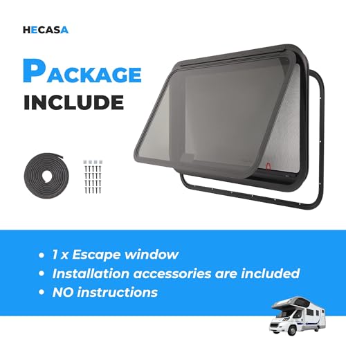 HECASA 36" W x 22" H RV Exit Emergency Window W/Trim Ring, Mesh Screen - size: 36" W x 22" H