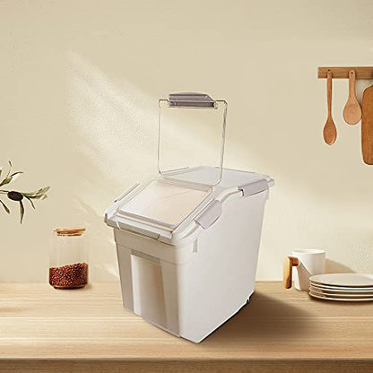 Airtight Flour Storage Container 25 lb Rice Storage Container with Wheels Seal Locking Lid, Food Containers with Measuring Cup& Scoop for Flour, Rice, Grain(Gray) - color: Gray 1 Count