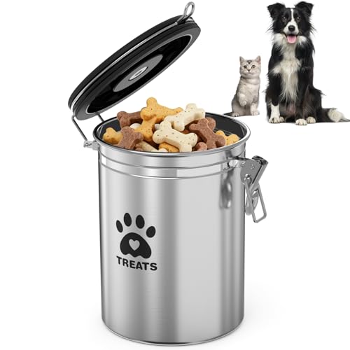 ENONCI Airtight Dog Treat Canister, 304 Stainless Steel Food Storage Jar with Date Dial Silver-1.8L - color: Silver, size: 1.8l