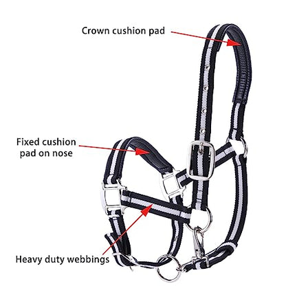 Adjustable Horse Halters - Heavy Duty Nylon Webbing & Hardware, Padded with Anti Chafing Foam-Cushioned on Crown & Nose - color: Black, size: Full