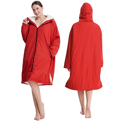 Oksun Waterproof Swim Parka: Windproof Sherpa Fleece Lined Surf Poncho - color: Sherpa Lining, Red