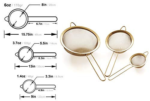 Strainer Set Fine Mesh – Premium 304 Stainless Steel (18/8) – 8″, 5.5″ and 3.3″ Sturdy Kitchen Strainers (Gold) - color: Gold