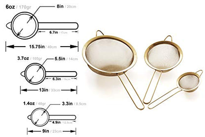 Strainer Set Fine Mesh – Premium 304 Stainless Steel (18/8) – 8″, 5.5″ and 3.3″ Sturdy Kitchen Strainers (Gold) - color: Gold