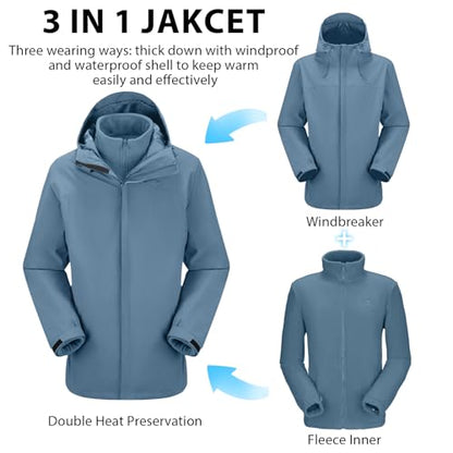 CAMEL CROWN Men's Ski Jacket 3 in 1 Waterproof Winter Jacket Snow Jacket Windproof Hooded with Inner Warm Fleece Coat - color: Tower Grey, size: Medium