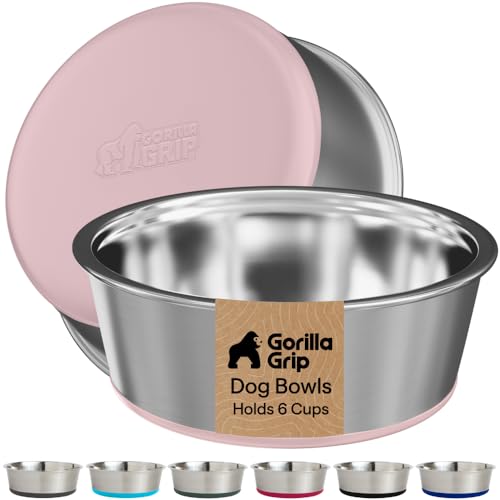 GORILLA GRIP Dog Bowls, Food Grade Stainless Steel, Set of 2, 6 Cup, Pink | 304 Stainless Steel Pet Feeding Bowls Hold 48 fl oz Each, Dishwasher Safe, Rust Resistant, BPA Free Rubber Base - color: Light Pink, size: 6 Cup (48 Oz)