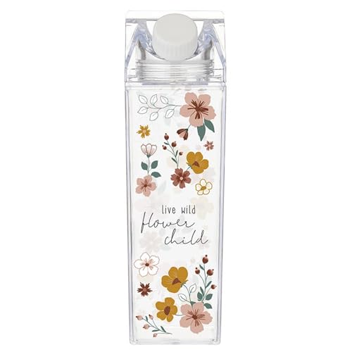 Faithworks Milk Carton Shaped Container - Clear Acrylic Leakproof for Water Juice Coffee Creamer, 17-Ounce, Flower Child