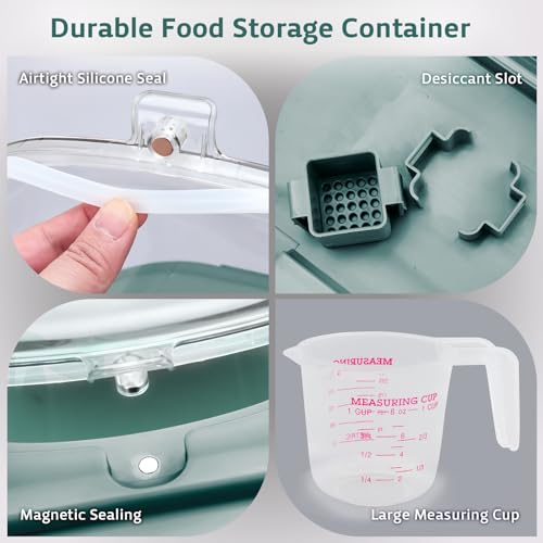 Komzon Rice Storage Containers, Collapsible 20 to 30Lbs Food Storage Bin Dispenser with Rolling Wheel and Clear Airtight Lid, BPA Free Flour, Sugar, Cereal and Dog Cat Pet food Containers - color: Green