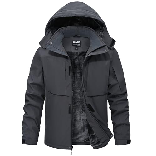 QMP Winter Jackets For Men with Hoode Ski Snow Snowboarding Waterproof Fleece Liner Coats Windproof Raincoat 6 Pockets - color: Dark Grey, size: Medium