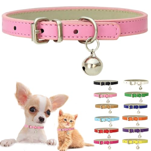 Pink Puppy Collar with Bell, Soft Pu Leather Cat Dog Collars Medium - color: 1Pink, size: M for Neck 12"-14.5"