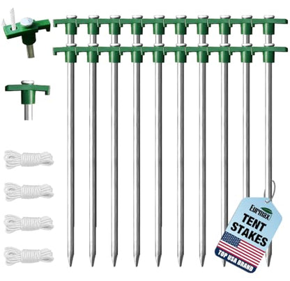 Eurmax USA 20-Pack Secure Protection Galvanized Tent Stakes,Rust-Proof Steel Canopy Anchors for High Winds,Heavy Duty Commercial Ground Pegs for Camping,Pop Up Tents&Gazebos - Includes 4x10ft Ropes - color: Green, style: Stakes 20-pack