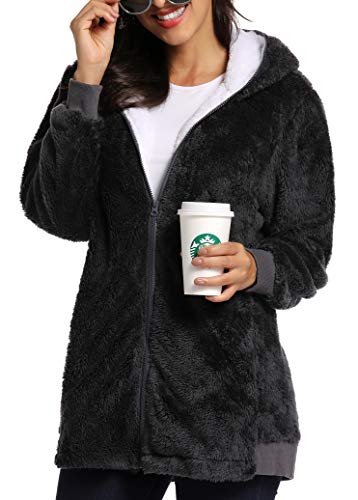 Fleece Coat for Women,Women's Oversized Zip Up Hooded Jacket Winter Plus Size Sherpa Coat - color: Adarkgrey, size: Medium