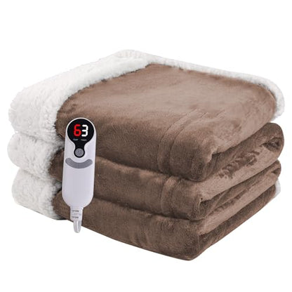 Heated Blanket Electric Throw Size 50''x60'' with 9 Heating Levels, 1-10 Hour Auto Shut Off, Machine Washable, Flannel & Sherpa Double-Sided Soft Warming Blanket for Couch, Bed, Office - Brown - color: 06-brown, size: 50''x60''(Throw)
