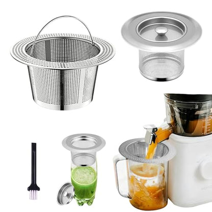2Pack 304 Stainless Steel Juice Strainer for Nama J2, Hands-Free Pulp Strainer for Juicing, Reusable Fine Mesh Sieve Cap for Cups, Large 5.5in & Small 4.5in for Kitchen, Tea, Soy Milk