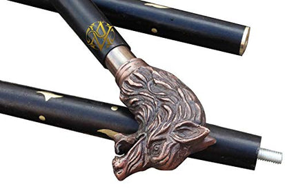 Brass Handle Victorian Telescope Foldable Wooden Walking Stick Cane Ideal Vintage Gift Men Women Father/Mother - style: Wolf