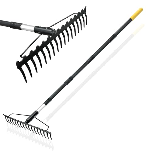 Bow Rake, 68-Inch Adjustable Handle Garden Rake with 17 Steel Tines, Heavy Duty Dual-Sided Metal Rake Landscape Gardening Tool for Soil Loosening Lawn Yard Leaves Mulch Thatch Removing