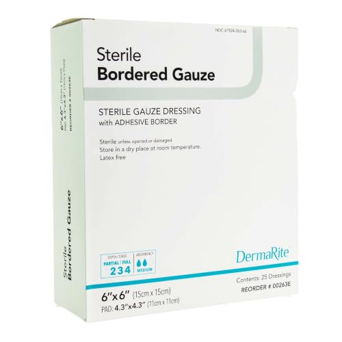 DermaRite Sterile Bordered Gauze Dressing with Adhesive Border, 6 in, 1 ct | Flexible Non-Linting Material, First-Aid, Individually Packaged