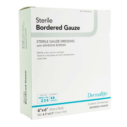 DermaRite Sterile Bordered Gauze Dressing with Adhesive Border, 6 in, 1 ct | Flexible Non-Linting Material, First-Aid, Individually Packaged