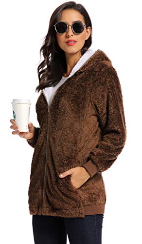 Fleece Coat for Women,Women's Oversized Zip Up Hooded Jacket Winter Plus Size Sherpa Coat - color: Abrown, size: Large