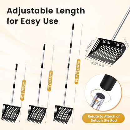 Chicken Poop Scooper and Rake, 2-in-1 Metal Sand Sifting Shovel with 24-68 Inch Adjustable Stainless Steel Handle, Cleaning Tools for Outdoor Chicken Coops, Farm Animals House
