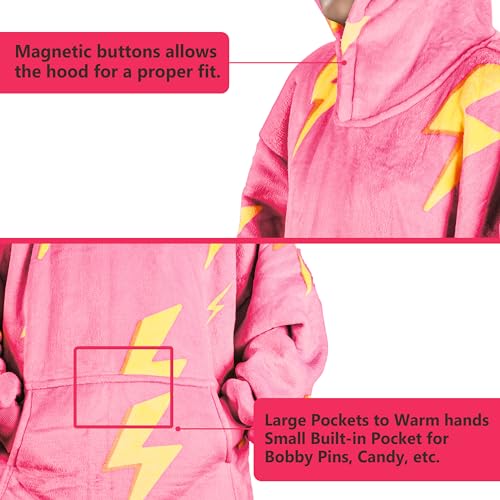 Solaris Thunder Lightning Kids Wearable Blanket Hoodie - Cozy Warm Sherpa Fleece Sweatshirt Pullover with Larger Pocket for Teens, Girls, Boys - color: Thunder Pink