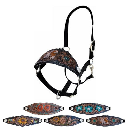 Majestic Ally Equestrian Designer Bronc Halter for Horses, Hand-Tooled Leather Nose, Padded Nylon Crown and Noseband - style: Horse Design