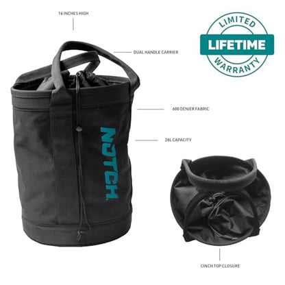 Notch Pro 250 Black/Teal Rope Bag, 28L Capacity, Holds 250 ft. of ½ in. rope, Dual Handles, Cinch Top Closure, 600 Denier Fabric with Reinforced Seams, H: 16” x W: 12” (40025BT)