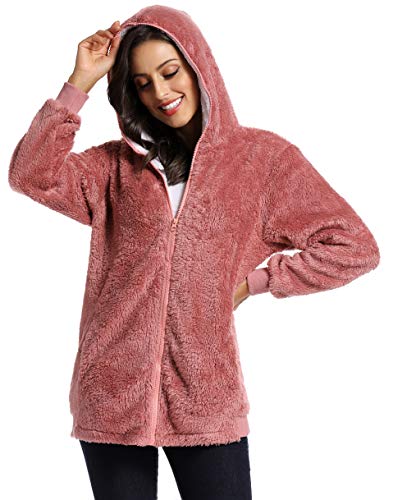 Fleece Coat for Women,Women's Oversized Zip Up Hooded Jacket Winter Plus Size Sherpa Coat - color: Apink, size: X-Large