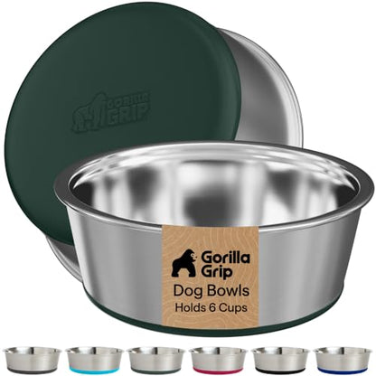 GORILLA GRIP Dog Bowls, Food Grade Stainless Steel, Set of 2, 6 Cup, Green | 304 Stainless Steel Pet Feeding Bowls Hold 48 fl oz Each, Dishwasher Safe, Rust Resistant, BPA Free Rubber Base - color: Hunter Green, size: 6 Cup (48 Oz)