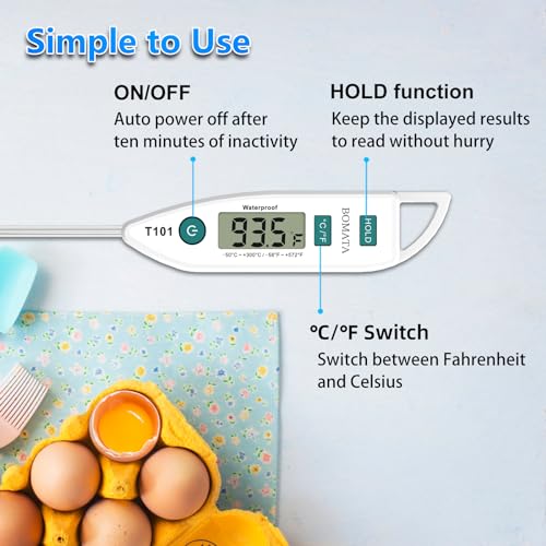 BOMATA Digital Water Thermometer for Liquid, Meat, Cooking, IPX7 Waterproof | Instant Read Food Thermometer, 5in Long Probe for Candle, Water, Meat, BBQ! T101 (White Color)… - color: White