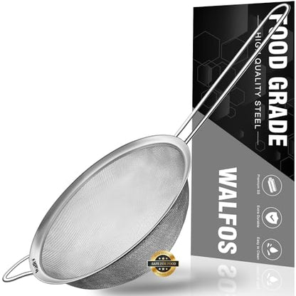 Walfos 6.3 Inch Fine Mesh Strainer, Premium Stainless Steel Sieve and Sifter with Handle, Kitchen Metal Strainers for Rice, Quinoa, Fruits, Noodles, Flour - size: 6.3"