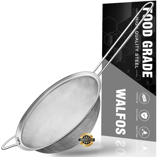 Walfos 6.95 Inch Fine Mesh Strainers, Premium Stainless Steel Colanders and Sifters, with Reinforced Frame and Sturdy Handle, Perfect for Sift, Strain, Drain and Rinse Vegetables, Pastas and Tea - style: 6.95" Medium Strainer