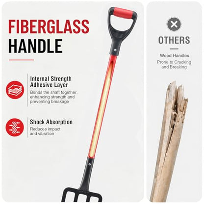 Heavy Duty Garden Fork, 4-Tine Digging Fork with Ergonomic Fiberglass Handle, Pitch Fork, 44 Inch Spading Fork for Compost, Mulch, Hay & Soil