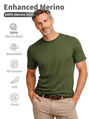 SHEEP RUN Men's Merino Wool Lightweight Hiking Running Workout Breathable Base Layer T Shirt - color: Olive Drab, size: Medium