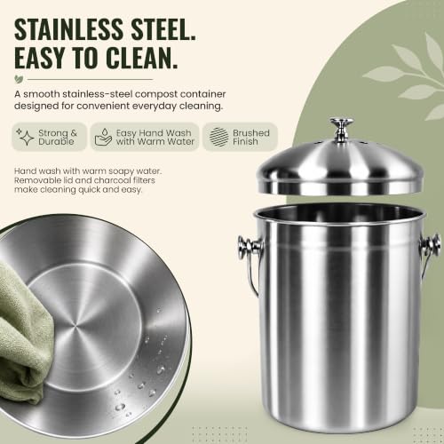 Epica Kitchen Compost Bin for Kicthen Countertops, 1.3 Galllon - Silver - color: silver