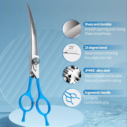 Professional Pet Grooming Curved Scissors, JP440C Alloy Steel, Blue Ergonomic Handle, Sharp and Durable for Dog Grooming (8.0") - size: 8.0"