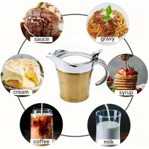 Double Insulated Gravy Boat - Stainless Steel Sauce Jug with Hinged Lid Hinged Lid Ideal for Gravy or Cream at Thanksgiving (450ML/16 OZ Gold plating) - color: 450ML/16 OZ Gold plating