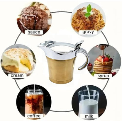 Double Insulated Gravy Boat - Stainless Steel Sauce Jug with Hinged Lid Hinged Lid Ideal for Gravy or Cream at Thanksgiving (450ML/16 OZ Gold plating) - color: 450ML/16 OZ Gold plating